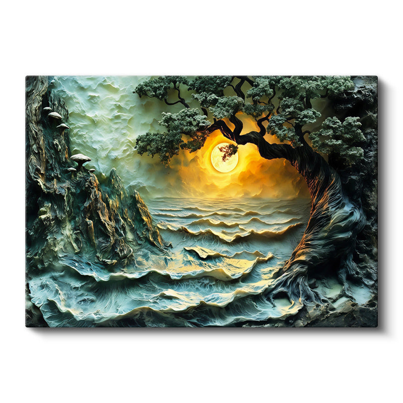 Yatay Kanvas Tablo Kayalık Sahil Ve Güneş Dokusu Kabartma Görünümlü Tablo Ev Ofis Duvar Dekoru