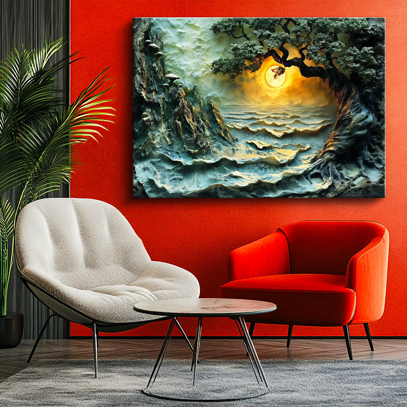 Yatay Kanvas Tablo Kayalık Sahil Ve Güneş Dokusu Kabartma Görünümlü Tablo Ev Ofis Duvar Dekoru