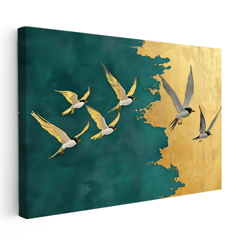 Yatay Kanvas Tablo Altın Gökyüzünde Uçan Kuşlar Modern Tablo Ev Ofis Duvar Dekoru