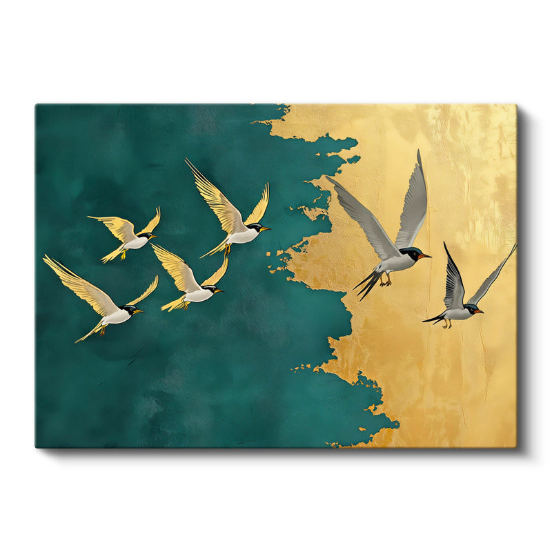 Yatay Kanvas Tablo Altın Gökyüzünde Uçan Kuşlar Modern Tablo Ev Ofis Duvar Dekoru