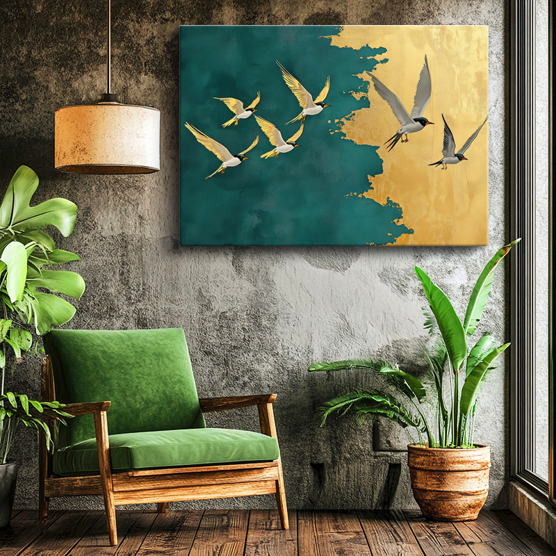 Yatay Kanvas Tablo Altın Gökyüzünde Uçan Kuşlar Modern Tablo Ev Ofis Duvar Dekoru