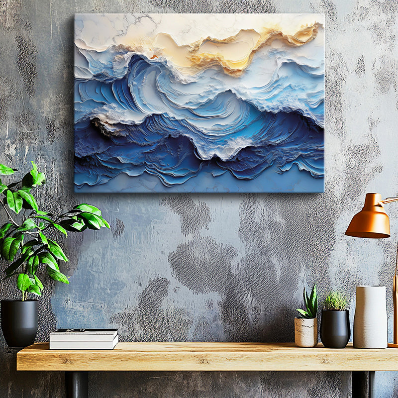Yatay Kanvas Tablo Dalga Katmanları Kabartma Görünümlü Tablo Ev Ofis Duvar Dekoru