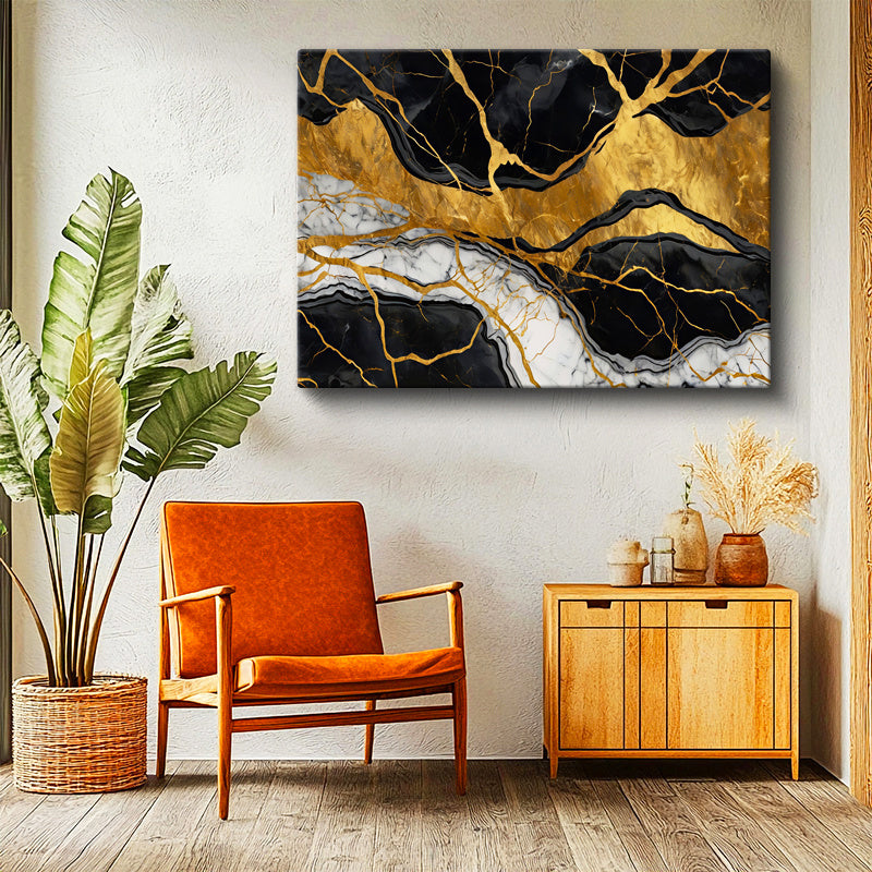 Yatay Kanvas Tablo Altın Çatlaklı Mermer Mermer Dokulu Tablos Ev Ofis Duvar Dekoru