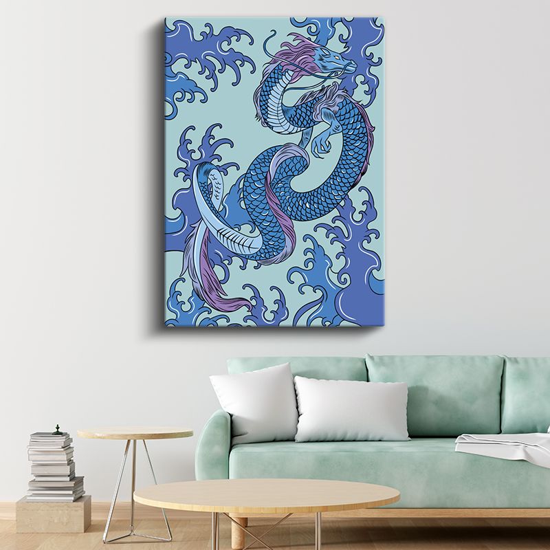 Mavi Ejderha - Dalgalı Desenlerle Dans Eden Mitolojik Yaratık Kanvas Tablo