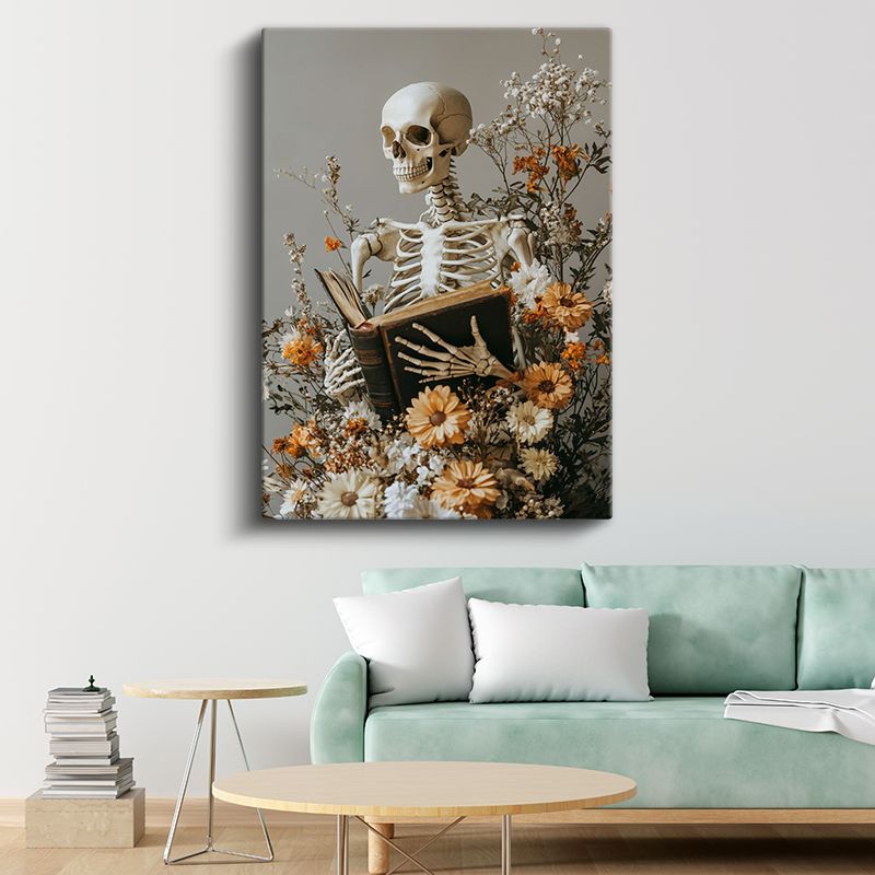 Ölümün Bilgeliği - Çiçekler Arasında Kitap Okuyan İskelet Kanvas Tablo