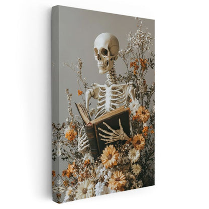 Ölümün Bilgeliği - Çiçekler Arasında Kitap Okuyan İskelet Kanvas Tablo
