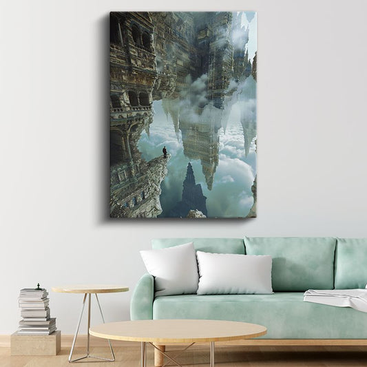 Tersine Dünya - Bulutların Üzerinde Yürüyen Yalnız Gezgin Kanvas Tablo