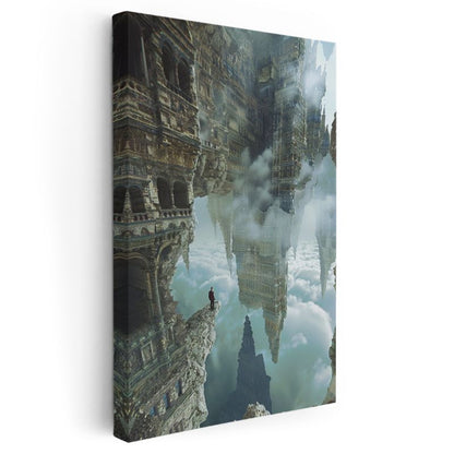 Tersine Dünya - Bulutların Üzerinde Yürüyen Yalnız Gezgin Kanvas Tablo