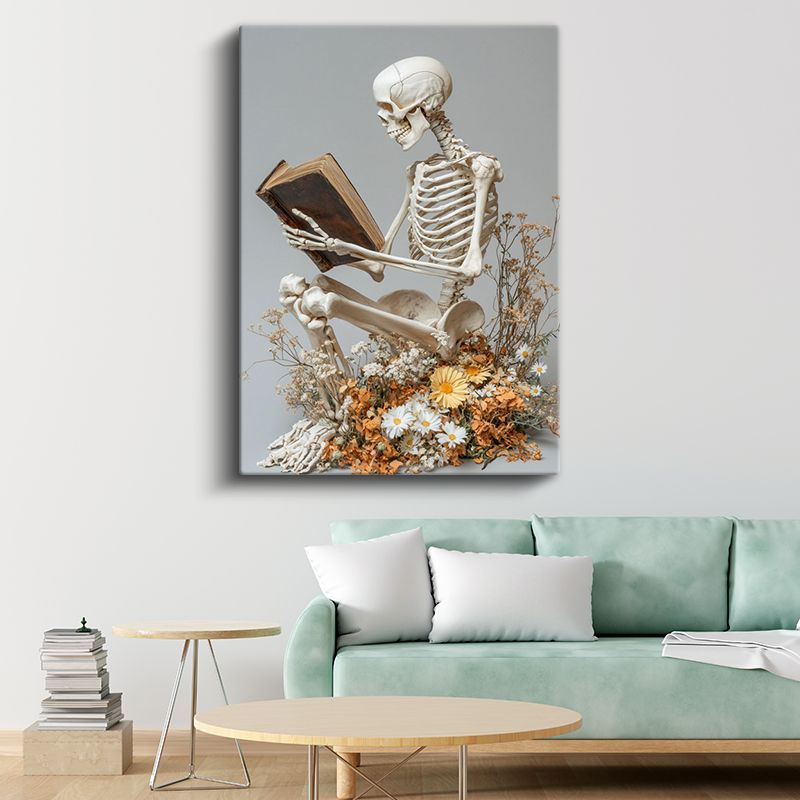 Ölümsüz Okur - Çiçekler Arasında Bilgelik Arayan İskelet Kanvas Tablo