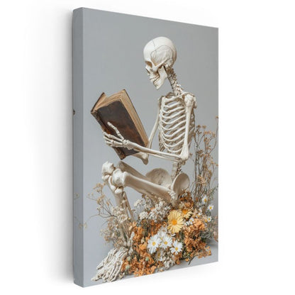 Ölümsüz Okur - Çiçekler Arasında Bilgelik Arayan İskelet Kanvas Tablo