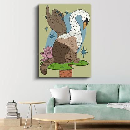 Dönüşüm Büyüsü - Kedi ve Kuğunun Mistik Birleşimi Kanvas Tablo