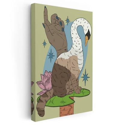 Dönüşüm Büyüsü - Kedi ve Kuğunun Mistik Birleşimi Kanvas Tablo