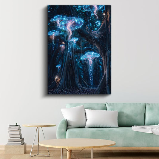 Biyolüminesans Ormanı - Karanlıkta Parlayan Mantarların Dansı Kanvas Tablo