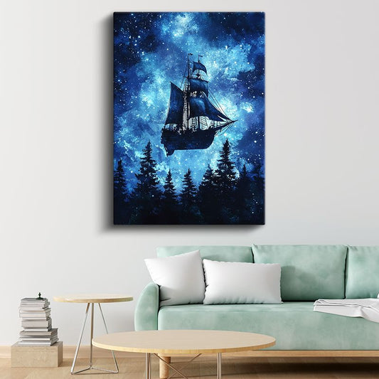 Göksel Gemi - Yıldızlar Arasında Süzülen Mistik Yelkenli Kanvas Tablo