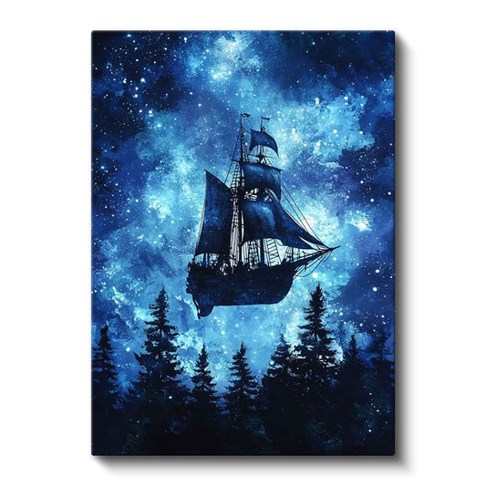 Göksel Gemi - Yıldızlar Arasında Süzülen Mistik Yelkenli Kanvas Tablo