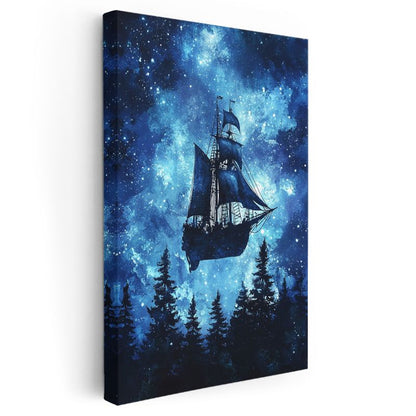 Göksel Gemi - Yıldızlar Arasında Süzülen Mistik Yelkenli Kanvas Tablo