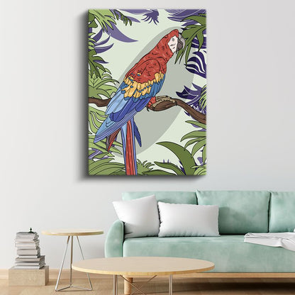 Renkli Haberci - Yapraklar Arasında Bekleyen Papağan Kanvas Tablo