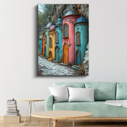 Renkli Rüyalar Sokağı - Masalsı Evlerin Dansı Kanvas Tablo