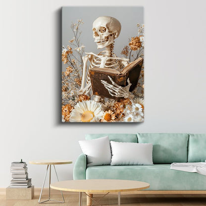 Ölümsüz Bilgelik - Çiçekler Arasında Okuyan İskelet Kanvas Tablo