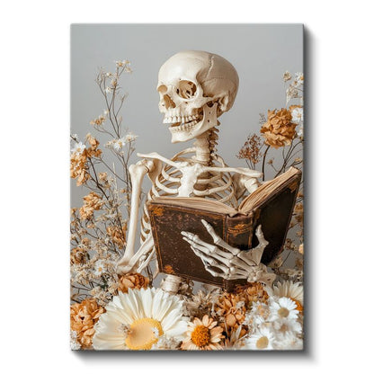Ölümsüz Bilgelik - Çiçekler Arasında Okuyan İskelet Kanvas Tablo