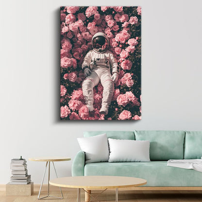 Kozmik Bahçe - Güller Arasında Dinlenen Astronot Kanvas Tablo
