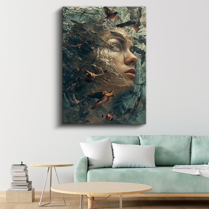 Su Altı Düşleri - İnsan Yüzü Ve Kuşların Uyumlu Dansı Kanvas Tablo