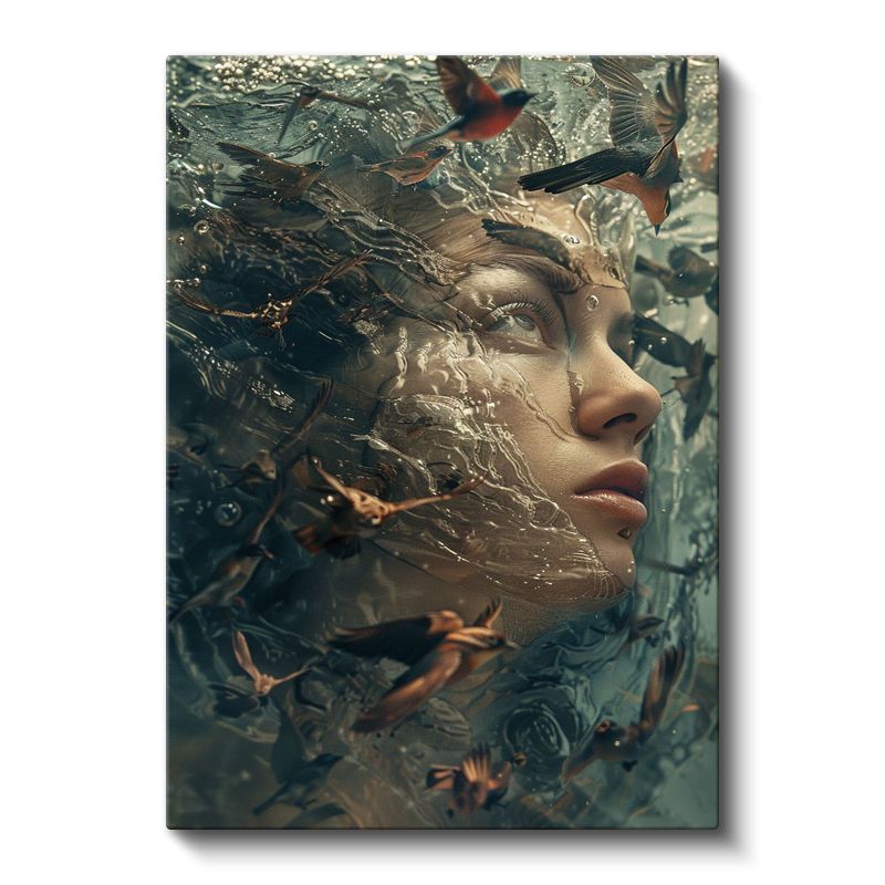 Su Altı Düşleri - İnsan Yüzü Ve Kuşların Uyumlu Dansı Kanvas Tablo
