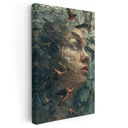 Su Altı Düşleri - İnsan Yüzü Ve Kuşların Uyumlu Dansı Kanvas Tablo