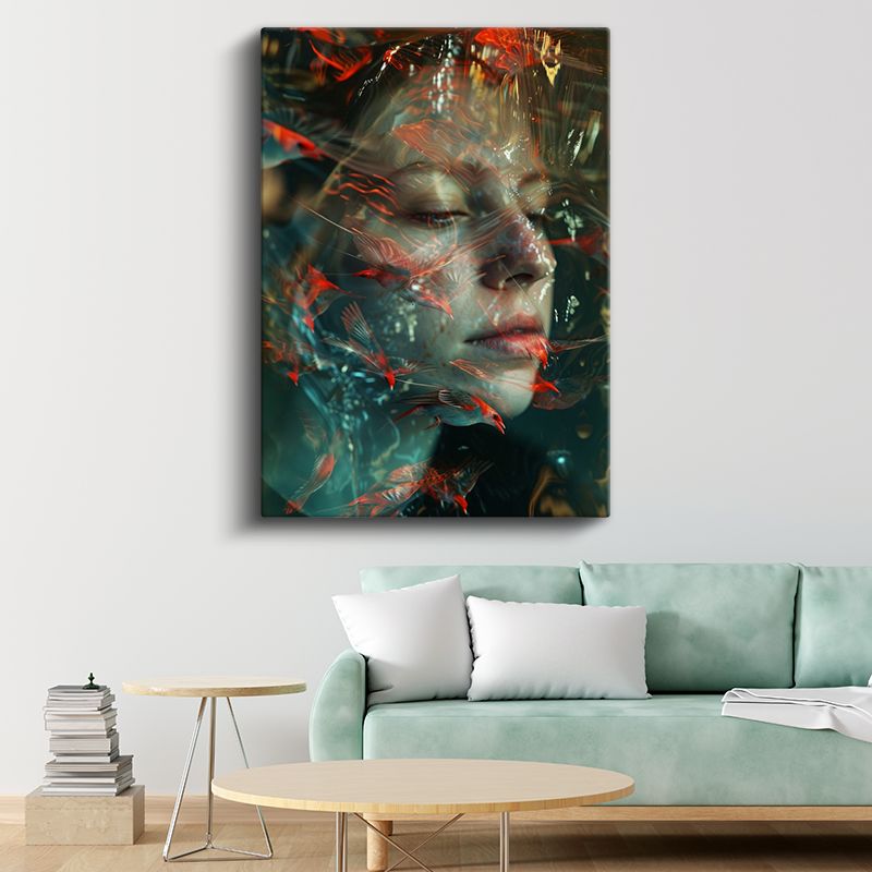 Ateş Kuşları - Kızıl Tüylerle Sarmalanmış Yüz Kanvas Tablo