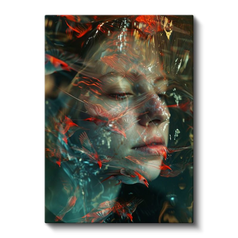 Ateş Kuşları - Kızıl Tüylerle Sarmalanmış Yüz Kanvas Tablo