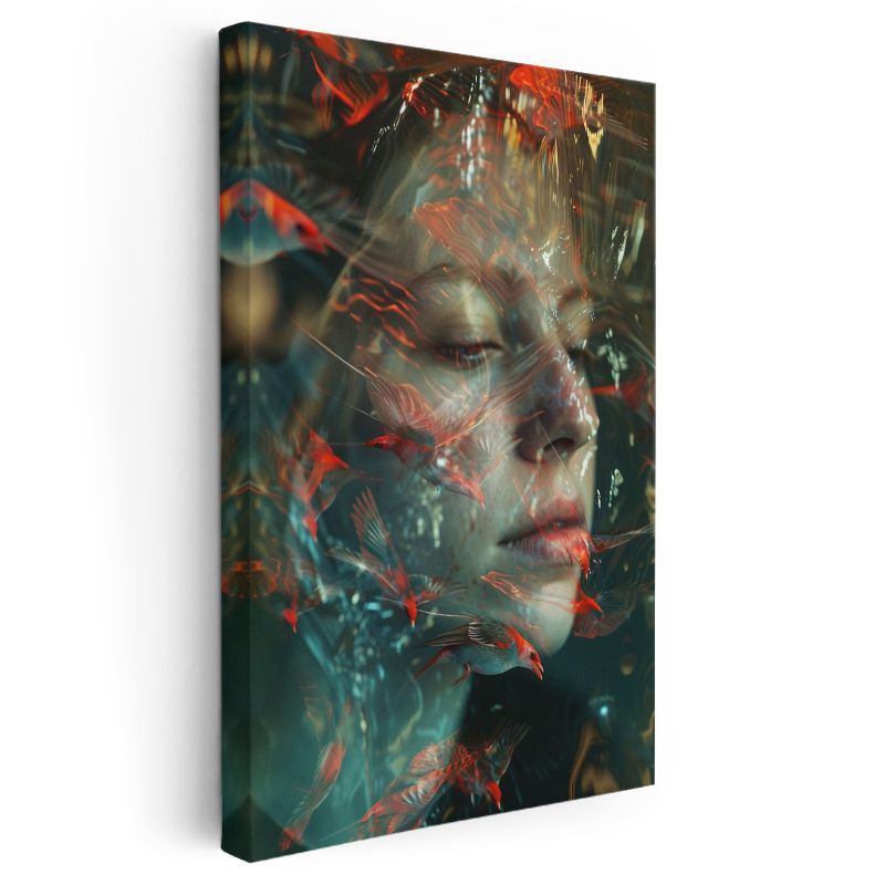 Ateş Kuşları - Kızıl Tüylerle Sarmalanmış Yüz Kanvas Tablo