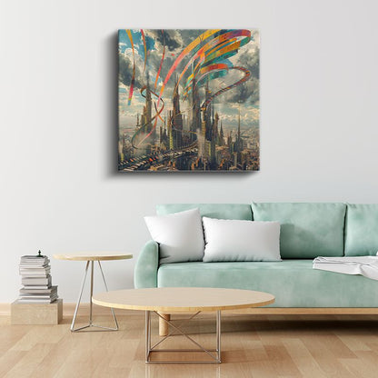 Gökkuşağı Şehri - Renkli Şeritlerle Dans Eden Metropol Kanvas Tablo