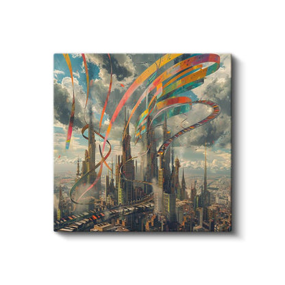 Gökkuşağı Şehri - Renkli Şeritlerle Dans Eden Metropol Kanvas Tablo
