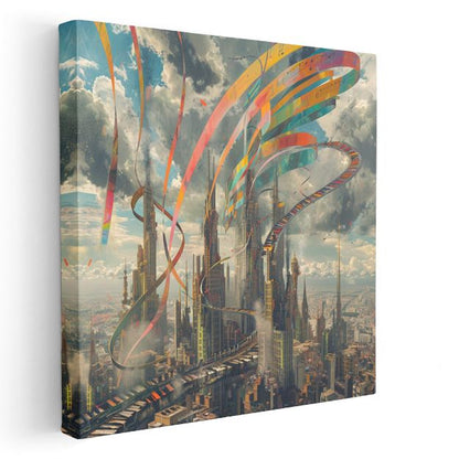 Gökkuşağı Şehri - Renkli Şeritlerle Dans Eden Metropol Kanvas Tablo