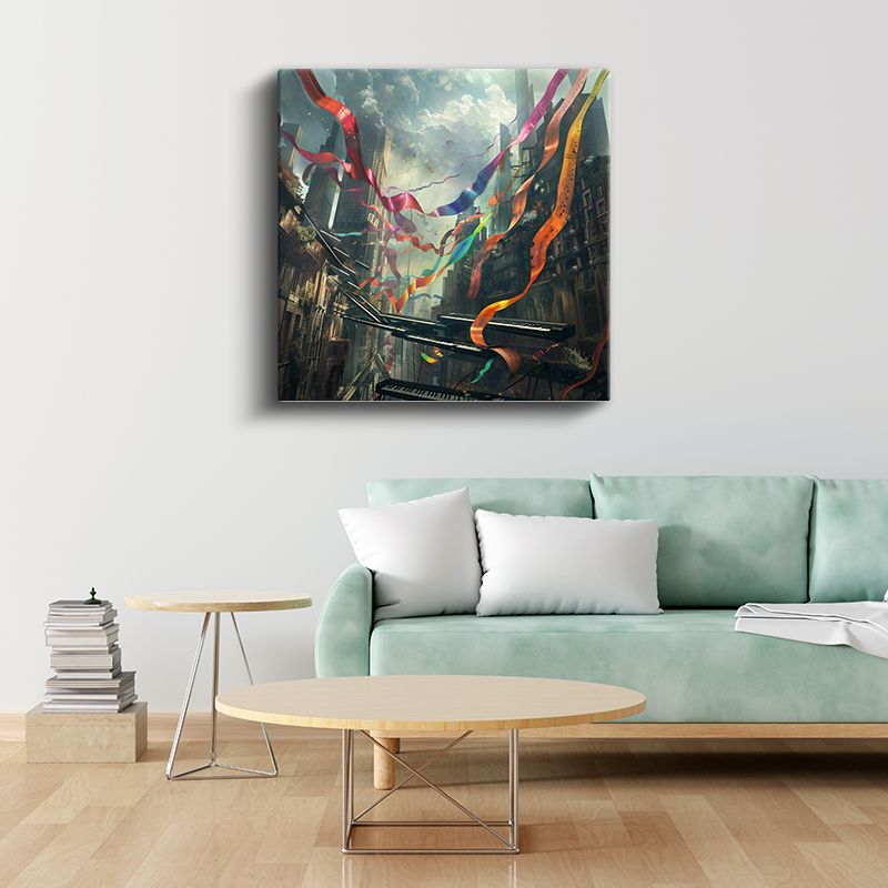 Melodilerin Dansı - Şehir Üzerinde Süzülen Notalar Kanvas Tablo
