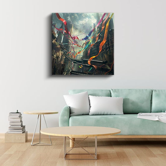 Melodilerin Dansı - Şehir Üzerinde Süzülen Notalar Kanvas Tablo