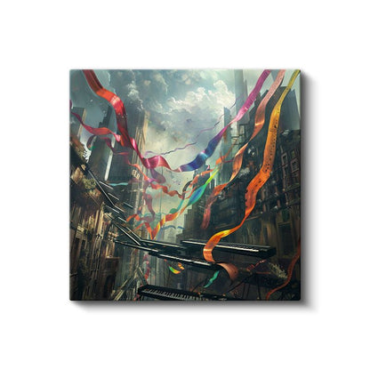 Melodilerin Dansı - Şehir Üzerinde Süzülen Notalar Kanvas Tablo