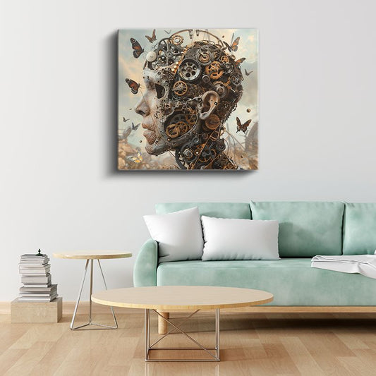 Mekanik Zihin - Kelebeklerle Dans Eden Çarklar Kanvas Tablo