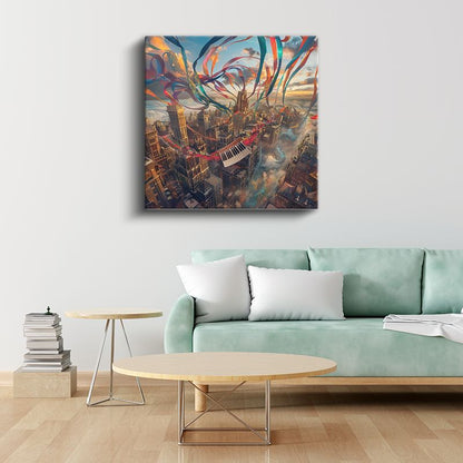 Melodik Şehir - Gökyüzünde Dans Eden Renkli Şeritler Kanvas Tablo