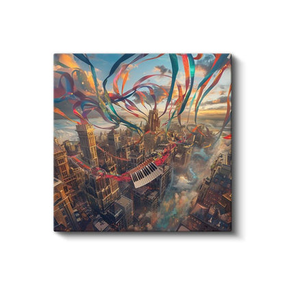 Melodik Şehir - Gökyüzünde Dans Eden Renkli Şeritler Kanvas Tablo