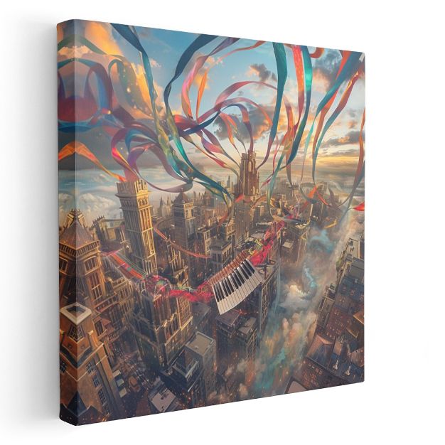 Melodik Şehir - Gökyüzünde Dans Eden Renkli Şeritler Kanvas Tablo