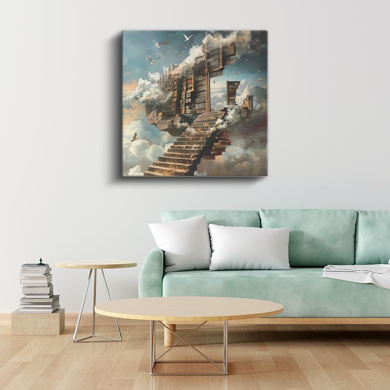 Bilgelik Merdiveni - Bulutlarda Asılı Kütüphane Kanvas Tablo