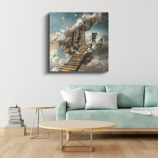 Bilgelik Merdiveni - Bulutlarda Asılı Kütüphane Kanvas Tablo