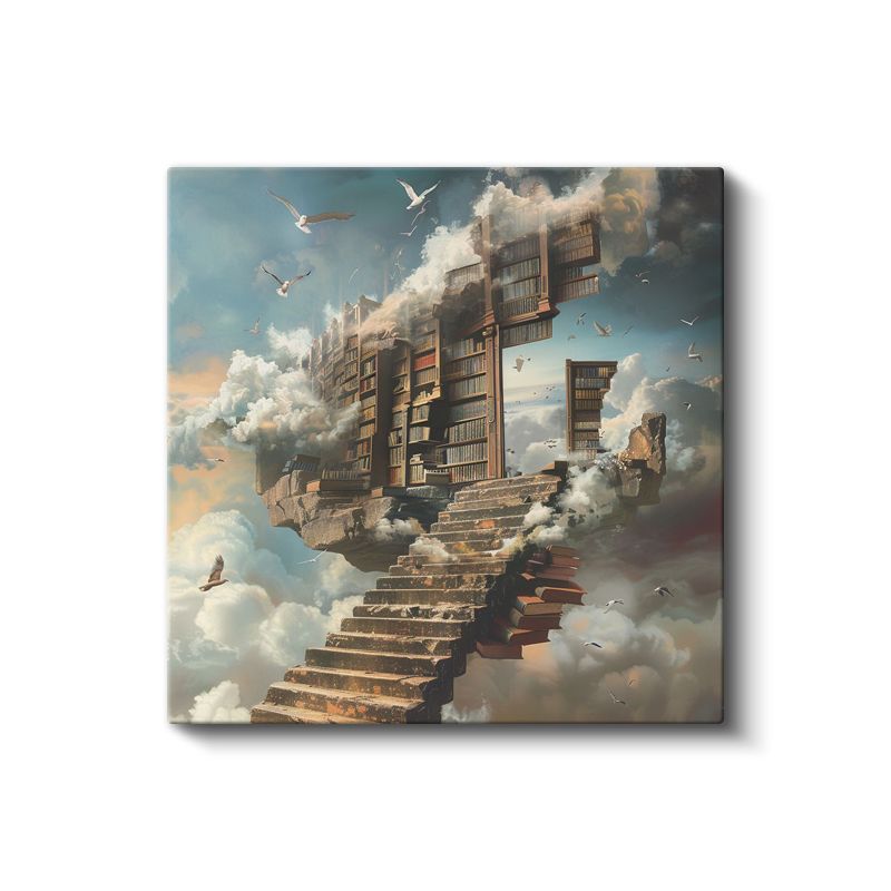 Bilgelik Merdiveni - Bulutlarda Asılı Kütüphane Kanvas Tablo