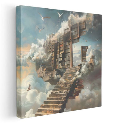 Bilgelik Merdiveni - Bulutlarda Asılı Kütüphane Kanvas Tablo