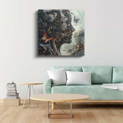 Mekanik Zihin - Çarklar ve Kelebeklerle Örülü Bilinç Kanvas Tablo