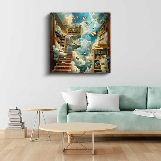 Bilgeliğin Uçuşu - Gökyüzüne Yükselen Kitaplar Kanvas Tablo