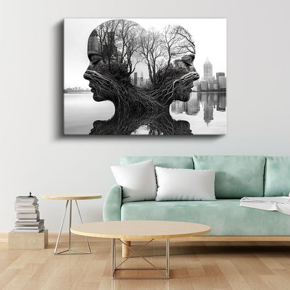 Zihin Manzarası - İnsan Silüetlerinde Yaşayan Şehir Kanvas Tablo