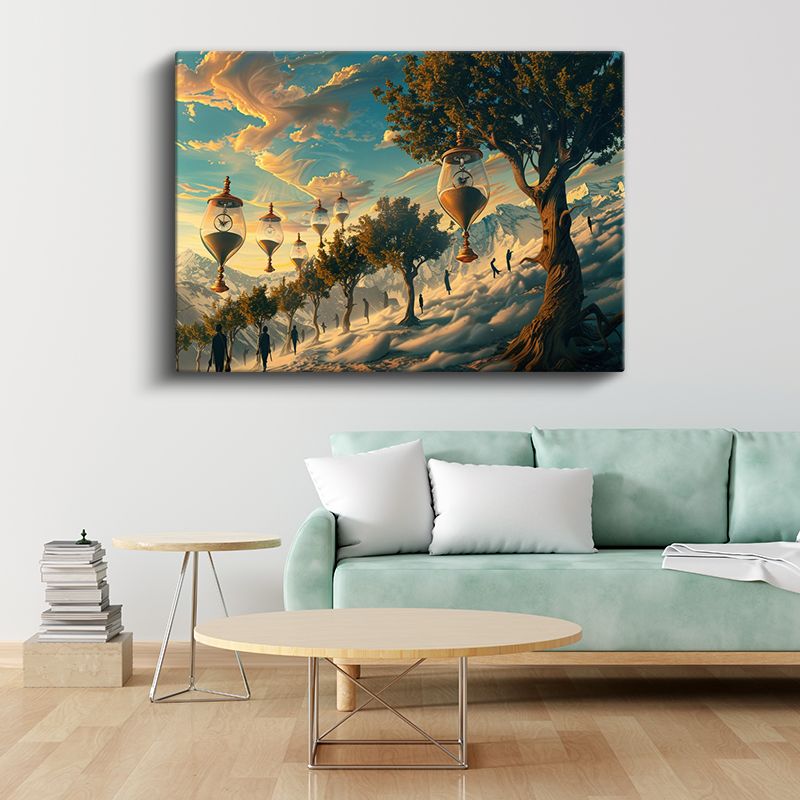 Zamanın Ağaçları - Bulutlar Üzerinde Asılı Kum Saatleri Kanvas Tablo