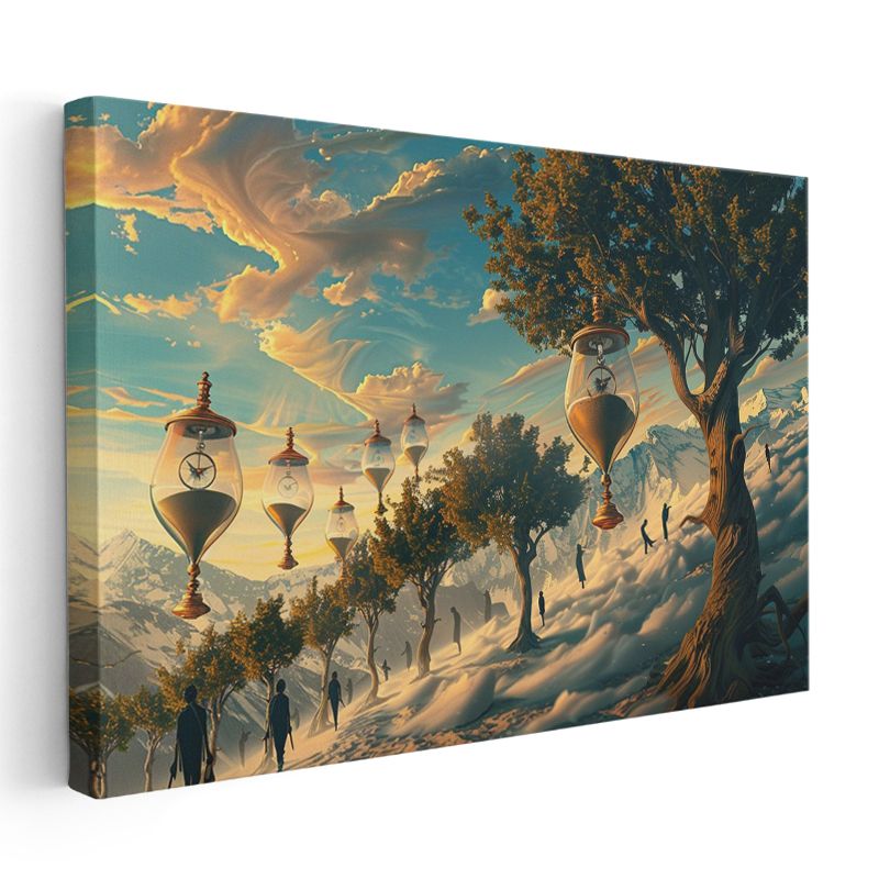 Zamanın Ağaçları - Bulutlar Üzerinde Asılı Kum Saatleri Kanvas Tablo